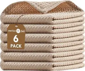 6 Pack Waffle Dish Cloths - 100% Cotton Absorbent Quick Drying & Soft Towels for Cleaning Cooking & Drying Dishes - Perfect for Home Restaurants & Bars 12x12 inches - Beige