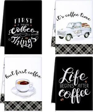 4 Pieces Kitchen Dish Cloths Coffee Kitchen Hand Towels Absorbent Tea Towels 24 x 16 Inches Coffee Lover Gift Bar Decorative Dish Cloths Rags for Farmhouse(Mainly Black Truck Style)