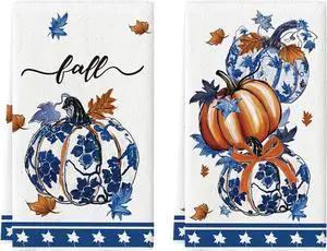 Blue Pumpkin Fall Kitchen Towels Dish Towels 18x26 Inch Farmhouse Maple Leaves Autumn Decoration Hand Towels Set of 2