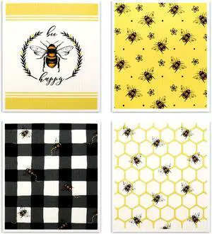 4 Pack Bees Dishcloths Reusable Washable Bees Swedish Towels Cotton Absorbent Cleaning Cloth Seasonable Spring Summer Hand Towels Decoration for Kitchen Towel Home Clean Bathroom Office Gifts