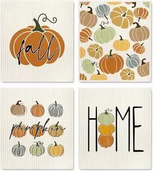 Fall Pumpkin Swedish Dishcloth Sweet Home Autumn Kitchen Cotton Dish Towel Reusable Washable Pumpkin Absorbent Dish Cloth for Housewarming Counter Cleaning 4Pcs 7 x 8 Inch