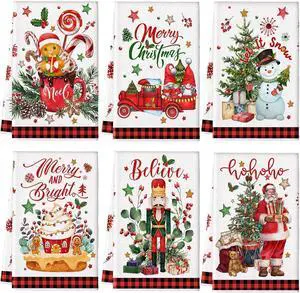 6 Pcs Christmas Kitchen Towels Christmas Snowman Santa Truck Gnome Dish Clothes Red Truck Gnome Tea Towels Xmas Red Plaid Hand Dishclothes Housewarming Gifts for Kitchen Holiday Cooking