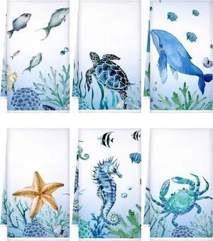 6 Pcs Sea Theme Kitchen Towels Set Beach Ocean Animal Hand Dish Towels Absorbent Soft Nautical Dishcloths for Spring Summer Kitchen Decoration