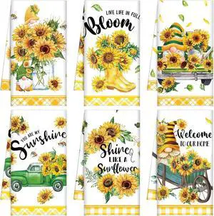 Set of 6 Sunflower Kitchen Towels Gnome Dish Seasonal Beach Cloth Summer Tea Towel Sunshine Nautical Kitchen Hand Tea Towels Housewarming Gift for Home (Sunflower)