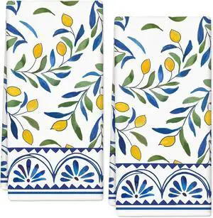 AnyDesign Lemon Kitchen Towel Yellow Lemon with Blue Leaves Dish Cloth 18 x 28 Inch Vintage Hand Drying Tea Towel for Spring Summer Cooking Wiping Cleaning 2Pcs