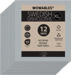 Wowables XL Swedish Dishcloths 12 Reusable Eco Cleaning Cloths 11 x 10 Ultra Absorbent Cellulose Sponge Towel Compostable Made in Germany
