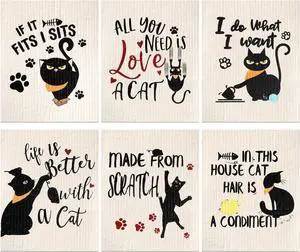 6 Pcs Funny Black Cat Swedish Kitchen Dishcloths Reusable Sponge Swedish Cleaning Cloths Washable Dish Cloths Absorbent and Halloween Decorative Kitchen Towels Housewarming Gift for Bathroom