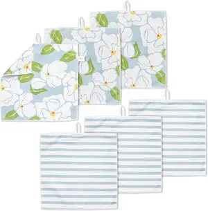 Microfiber Kitchen Dish Cloth Set Quick-Dry & Absorbent Waffle Weave Cleaning Towels Set of 6 Wash Cloths Paper Towels & Sponge Alternative (Magnolias & Stripe)