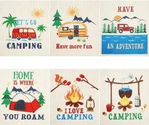 6 Pcs Summer Camping Swedish Kitchen Reusable Dishcloth Kit Printed with Funny Sayings Car Tent Campfire Absorbent Towel for Campers Gift Party Outdoor Picnic Home Cleaning 6.7 x 7.9 Inch