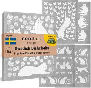 Swedish Dishcloths 5 Cat Cloths Made in Sweden - Reusable Washable Cellulose Cotton Kitchen Cloths - Replace Paper Towels Wipes Sponges Dish Rags