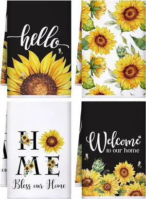 4 Pcs Sunflower Kitchen Towels Summer Fall Flower Floral Sea Beach Lemon Hand Dish Towels Fast Drying Decor Housewarming Gift for Cooking Kitchen Bathroom(Black Bless)