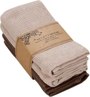 100% Cotton Waffle Weave Kitchen Towel Set of 4 Super Soft Absorbent Tea Towels | Durable Cleaning Dish Cloths Perfect for Mess & Quick Drying Dishes Rags 18x26 inches in Beige & Brown