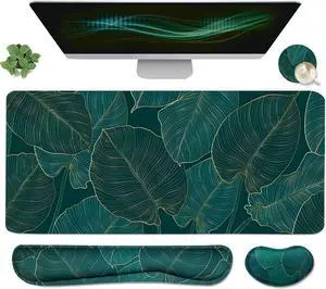 Ergonomic Large Mouse Pad and Keyboard Wrist Rest Desk Pad for Keyboard and Mouse 4-in-1 Large Gaming Mouse Pad with Wrist Support for Home Office Study Game-Green Leaves