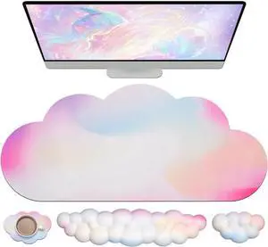 Large Cloud Mouse Pad Waterproof with Cloud Keyboard Wrist Pad and Cloud Mouse Wrist Pad Set Ergonomic Computer Desk Wrist Support Mousepad for Keyboard and Mouse 35.4x15.7in Rainbow