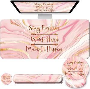 Large Mouse Pad and Keyboard Wrist Rest + Desk Mat Set Full Long Mouse Pads for Desk Accessories with Memory Foam Gel Pink Mousepad for Women Computer Desktop Office Work-Rose Gold & Pink