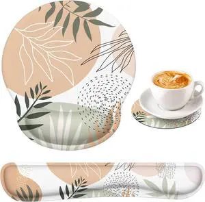 Mouse Pad with Wrist Rest Set Keyboard Wrist Rest + Ergonomic Mouse Pad + Coasters Easy Typing & Pain Relief Mousepad Mouse Pad Wrist Support for Computer Home Office Tropical Leaves
