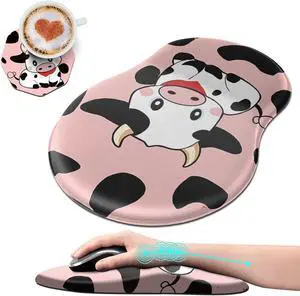Ergonomic Mouse Pad with Wrist Rest Support + Cup Coasters Thick Mousepad Relief Carpal Tunnel Pain Mouse Pad with Non-Slip PU Base Computer Mouse Pads for Wireless Mouse Cute Cows Pink