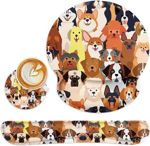 Ergonomic Mouse Pad Set with Wrist Rest Colorful Doodle Dogs Non-Slip Rubber Base Wrist Cushion Support and Coasters Mousepad with Wrist Support for Computer Keyboard and Desk
