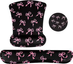 Wrist Rest Support for Mouse Pad&Keyboard Set Pink Bows Ergonomic Mousepad&Coaster Non-Slip Base Home/Office Pain Relief&Easy Typing Cushion with Neoprene Cloth&Raised Memory Foam Black
