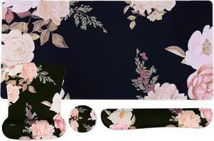 Keyboard Mouse Pad Set Large Gaming Mousepad&Keyboard Wrist Rest&Mouse Pad with Wrist Rest&Coaster Peony Ergonomic Non-Slip Mousepad with Raised Memory Foam for Home Office Black