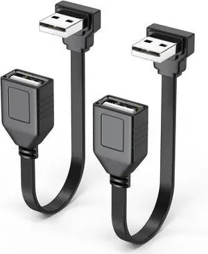 2 Pack 90 Degree USB2.0 Extension Cable Flat Short 4inch 10CM Downangle Right Angle USB A Male to Female Cable Dual USB Charging Port Black