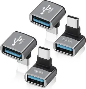 90 Degree USB C to USB Adapter 10Gbps 4-Pack Right Angle Type-C (Male) to USB-A (Female) L-Shape Extender Converter Support Charge & Data Transfer for iPhone 16 15 Series PC Tablet Laptop