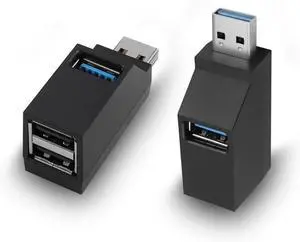 3 Ports USB Hub USB Male to Female Expansion Adapter 2 Pcs 90 Degree Splitter 1 USB 3.0 and 2 USB 2.0 Port Portable Powered Data for Connecting Mobile Hard Disk U Disk Camera Mouse etc