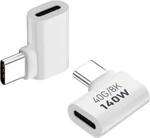 2 Pack USB C Male to Female Adapter 90 Degree Right Angle 140W Type C Extender Adapter for Thunderbolt 4/3 MacBook Pro/Air Laptop Phones and More Type C Devices (White)