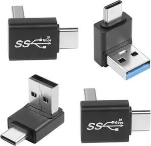 USB3.1 Male to USB C Male 90° Angle Adapter 10Gbps USB3.1 to USB C Charging Connector Right Angle Plug QC60W/PD15W (only A to C) for Phone Wall Charger 4Pcs(2 Up+2 Down)/Positive Bend