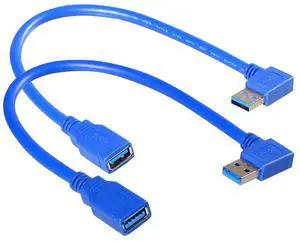 90-Degree USB-A 3.0 Extension Cable 2-Pack - 1 Left-Angle & 1 Right-Angle USB Male to Female 30cm (1ft) Blue