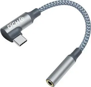 Right Angle USB C to 3.5mm Audio Adapter Headphone Jack USBc 3.5 mm Cable Aux USB Type C Cord Male Female Dongle DAC Chip for Android Phone Tablet Laptop Speaker Microphone Car Stereo Grey