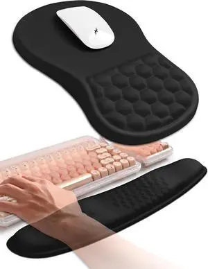 2in1 Combination Wave Keyboard Wrist Rest and Ergonomic Curvature Mouse Pad Wrist Support for Relieve Wrist Pain Filled with Soft Cushion Memory Foam Black