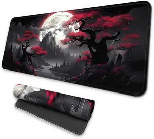 Large Gaming Mouse Pad Full Keyboard Mat Long Laptop Mousepad Computer Mouse Mat for Home and Office Anti-Slip Rubber Base 31.5 x 11.8 Inches (Dark Red Moon)
