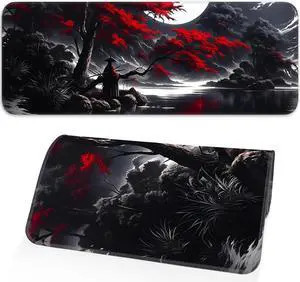 Japanese Dark Red Moon Gaming Mouse Pad Extended Mouse Pad with Non-Slip Base Full Keyboard Pad with Stitched Edges Large Desk Pad for Gaming Office Home 31.5 x 11.8 Inch