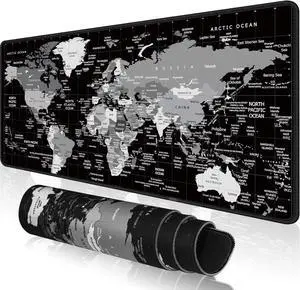 World Map Gaming Mouse Pad Large XL Desk Pad Computer Game Desk Mat for Keyboard and Mouse with Non-Slip Base Stitched Edges Waterproof Mousepad for Gamer Office &Home(Black 31.5 x 11.8)