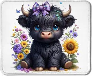 Sunflower Black Highland Cow Mouse Pad Coquette Purple Bow Flower Cute Highland Cow Mouse Pads for Work Gaming Computers Laptop Desk Accessories 9.5x7.9 Inch