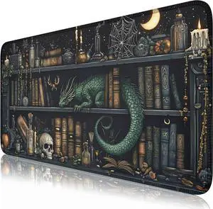 Black Desk Mat Dragon Library Bookshelf Mouse Pad Big XXL Extended Vintage Gaming Large Mouse Pad for Desk Mousepad with Stitched Edges Keyboard Mouse Mat for Work Game Office 31.5x15.7 in
