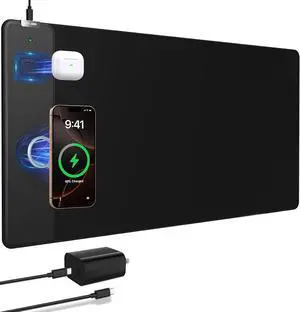 Wireless Charging Mouse Pad 31.5x15.8 Large Gaming Desk Mat for Laptop/Keyboard Waterproof Ultra-Smooth Surface Non-Slip Rubber Base with 20W Charger Block Black