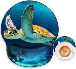 Sea Turtle Mouse Pad with Wrist Support Ergonomic Gel Mousepad Wrist Rest for Carpal Tunnel Cute Mouse Mat for Laptop Office Work Women Men Kids with A Coaster