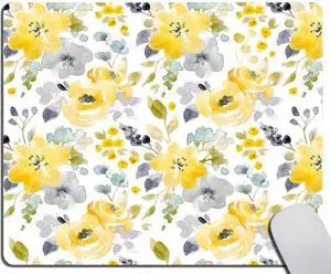 Mouse Pad for Computer & Laptop Non-Slip Rubber Base Mousepad Black Floral Watercolor Bright Yellow and Blue Flowers Gray Simple Botanical Mouse Pads for Home Office & Gaming 7.9 x 9.5 in
