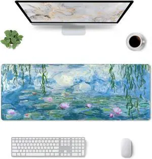 Monet Water Lilies Mouse Pad Stitched Edge XL Large Mousepad 31.5 X 12 Rubber Base Non Slip Desk Mat for Laptop Pc Computer Gaming