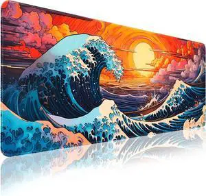 Japanese Sea Wave Mouse Pad Large Gaming Mouse Pad for Desk Non Slip Rubber Base Mousepad with Seamed Edges XL Keyboard Mat for Gaming Office Home (31.5 x 11.8)