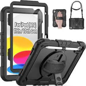 for iPad (A16) 11th/10th Generation Case 2025/2022 (11/10.9) Sturdy Heavy Duty Full-Body Shockproof Protective Case with Screen Protector Rotating Stand Hand/Shoulder Strap Black