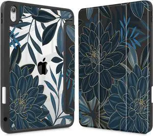 Case for iPad 11 inch (A16 Chip) 2025 Generation 11th / iPad 10.9 inch 2022 10th Gen Buit in Pencil Holder with Shockproof Cover Clear Transparent Back Shell Auto Wake/Sleep Black Flower