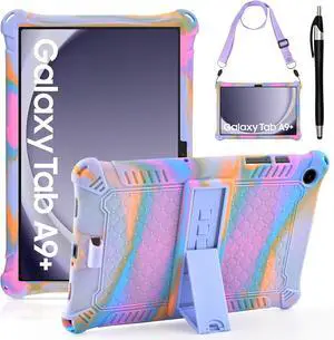 Compatible with  Galaxy Tab A9 Plus Case 11 inch 2023 with Shoulder Strap & Stylus Pen Soft Silicone Multi-Angle Case for Galaxy Tab A9+ Tablet SM-X210/X216/X218 Rose Red & Purple