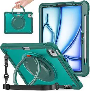 Case for iPad Air 11-inch M3/M2 (2025/2024) Air 5th/4th 10.9 inch(2022/2020) Pro 11 4th/3rd/2nd/1st Protective Cover with 360 Rotating Stand Pencil Holder Shoulder Strap Midnight Green