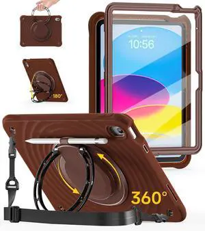 Ripple Case for iPad (A16)11th/10th Generation 11/10.9 inch 2025/2022 Zinc Alloy Handle Ring Stand Protective Heavy Duty Screen Protector 360Rotating 180Folding Shoulder Strap Full-Body Cover