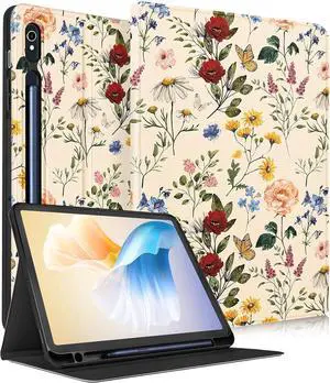 for  Galaxy Tab S10 Fe/S9 Fe Case - Tab S9 Case for Women Girls Cute Unique Design Girly Kawaii Flower Floral Pretty Folio Tablet Cover with Pencil Holder