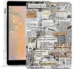 Art Aesthetic Newspaper Collage Pad Case for 10.2 Inch iPad 9th/7th/8th Generation with Pencil Holder Foldable for iPad 2021/2020/2019 Trendy Retro Leather Protective Cover Auto Wake/Sleep