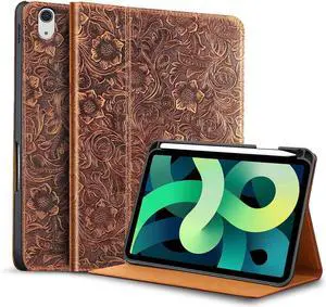 Leather Case for iPad Air 11 Inch M3 2025/ M2 2024 iPad Air 10.9 Inch Case 5th/4th Generation 2022/2020 Top Grain Leather Cover with Pencil Holder Auto Sleep/Wake Pattern-Brown